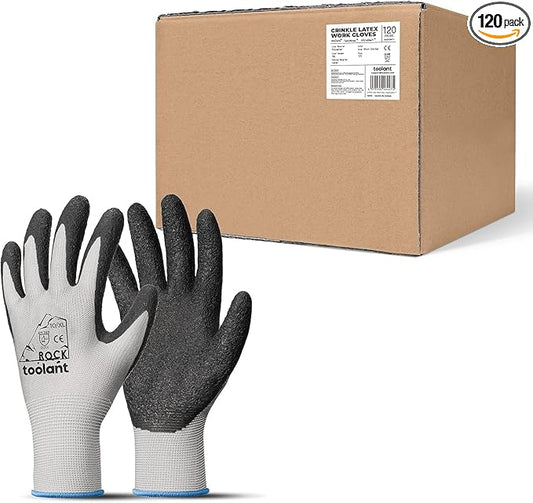 toolant Crinkle Latex Work Gloves Bulk, Rubber Coated Safety Work Gloves for Men and Women, 120 Pairs for Construction, Gardening, Warehouse (Gray, XL)