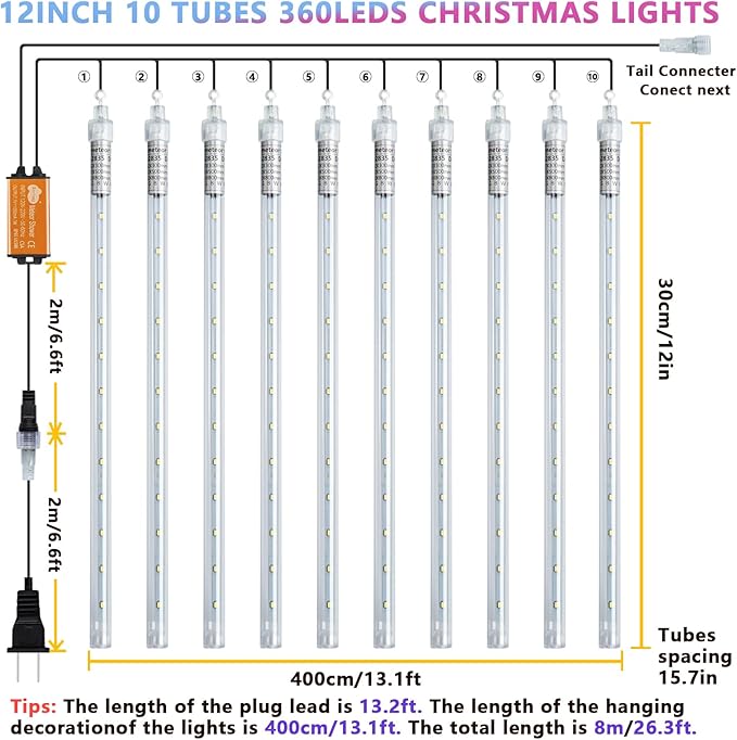 Meteor Shower Lights, Christmas Lights, 12 Inch 10 Tube 360 LED Rain Falling Icicle Cascading Lights for Xmas Tree Halloween Patio Garden Roof Eaves Decoration