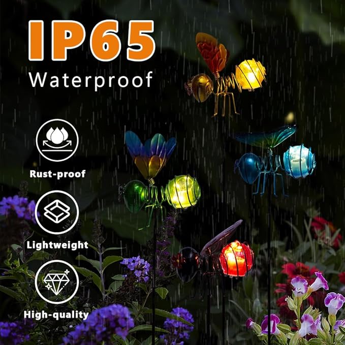 Insects Solar Garden Lights, 22.4" H Butterfly & Bee & Dragonfly & Ladybug Solar Stake Light, 4 Pcs Outdoor Statues Figurine Lights for Spring Garden Lawn Patio Yard Decoration
