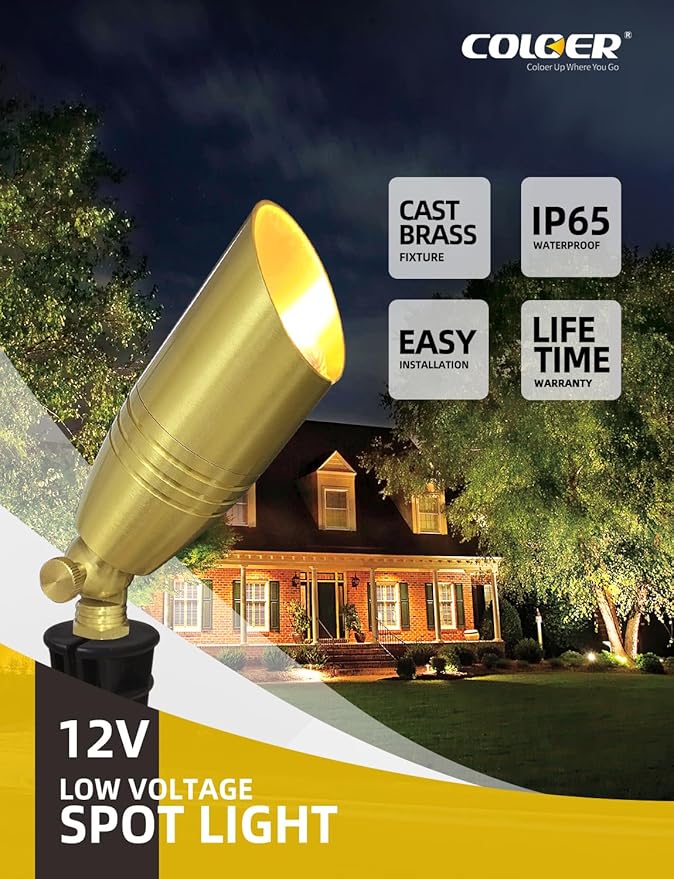 COLOER Die-cast Brass Landscape Spotlight 6-Pack Without Bulb,12V AC/DC Low Voltage Copper Outdoor Lighting with Ground Stake, Directional Garden Patio Spot Up Light (102B Brass Finish)