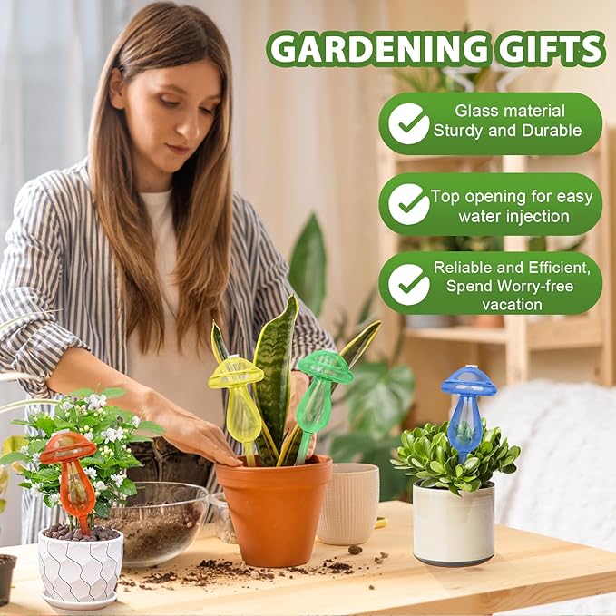 HYH Plant Watering Globes 4 Pack Colorful Mushroom Plant Watering Devices for Indoor & Outdoor Plants Self Watering Planter Spikes Insert Made from Hand-Blown Glass Gradient Rainbow Watering Globes