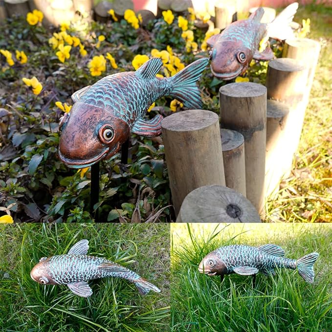 Koi Fish Decor - Set of 2 Antique Koi Fish Garden Statue for Outdoors, Patio and Backyard Decoration