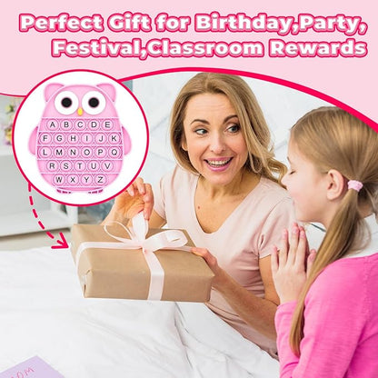 Fidget Toys for Kids, Owl Shaped Silicone Squeeze Sensory Toys, Alphabet Bubble Stress Anxiety Relief Relax Tools for Kids Adults School Classroom Gift Party Favors (Pink)
