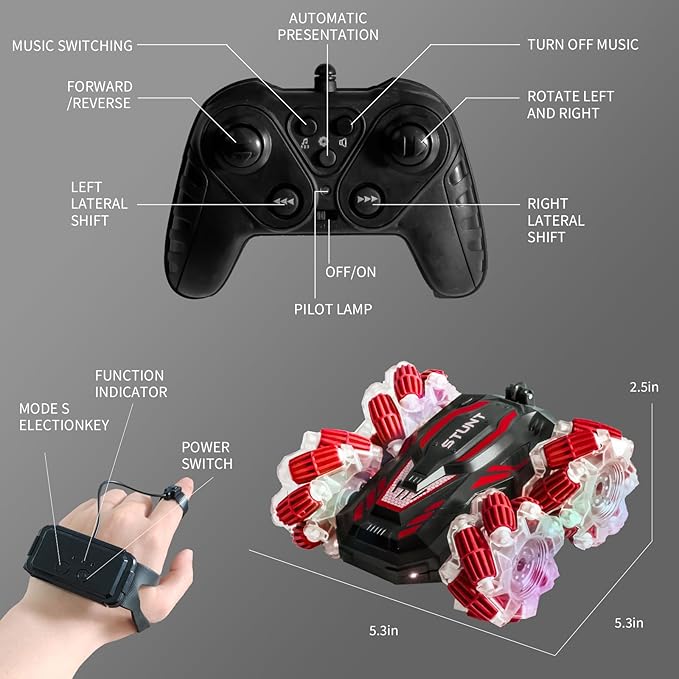Gesture Sensing RC Stunt Car, 2.4 Ghz 4WD Remote Control Cars, Cool Lighting and Music, Double-Sided Rotating Off-Road Vehicle 360° Flipping Car, Present for Boys and Girls Aged 6-12