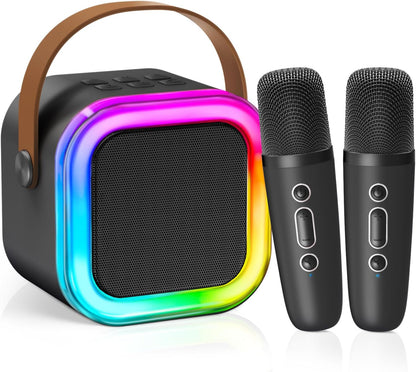 【2025 Newest】 Mini Karaoke Machine for Kids Girls & Boys - Portable Bluetooth Speaker with 2 Wireless Microphones - Kids Birthday Gifts for Ages 4-10 - Kids' Instrument Accessories - Black
