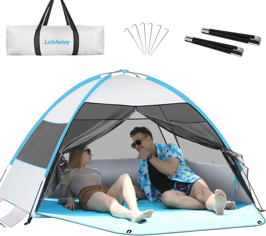 Large Easy Setup Beach Tent,Anti-UV Beach Shade Beach Canopy Tent Sun Shade with Extended Floor & 3 Mesh Roll Up Windows Fits 3-4 Person,Portable Shade Tent for Outdoor Camping Fishing