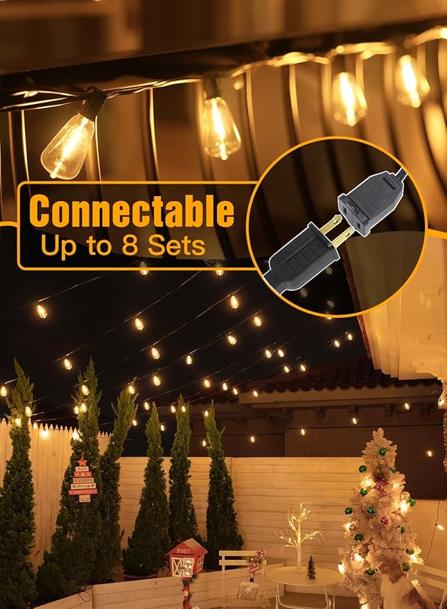 Ollny Outdoor String Lights 120FT with 60+2 Spare ST38 Vintage Bulbs, Shatterproof Connectable Patio Lights, 2200K Warm White Waterproof Outside Hanging Light for Yard Camping Gazebo Porch Balcony