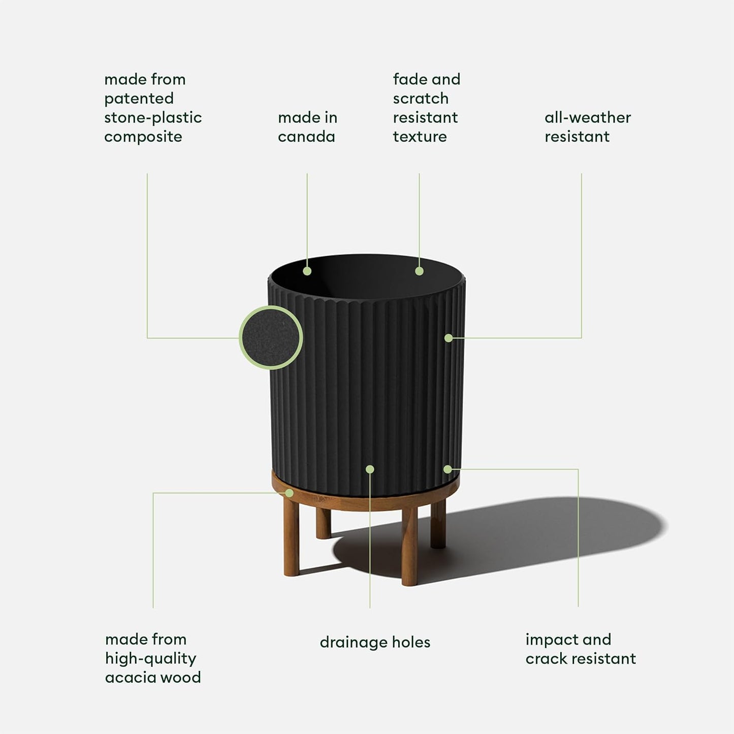 Veradek Demi Series Round Planter w/Stand for Porch/Patio | Durable Plastic-Stone Composite & Wooden Stand | Modern Décor for Tall Plants, Flowers