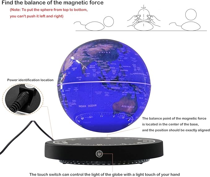 6" Magnetic Levitating Globe, 360°Rotating Geographic Globes Levitating Globes with LED Light Floating Magnetic Levitation Floating Globe for Desk Home Office Classroom Decor(Blue+Black/Style A)