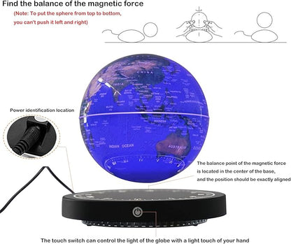 6" Magnetic Levitating Globe, 360°Rotating Geographic Globes Levitating Globes with LED Light Floating Magnetic Levitation Floating Globe for Desk Home Office Classroom Decor(Blue+Black/Style A)