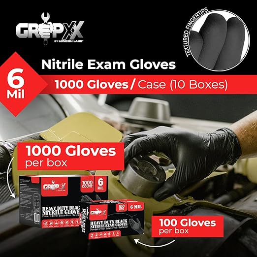 Heavy Duty 6 Mil Black Nitrile Gloves - Disposable, Latex & Powder Free | Mechanic, Food Prep & Tattoo | Rubber Gloves for Cooking, Cleaning & Household | Pack of (200)