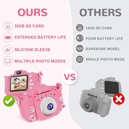 Kids Camera, Toys for Ages 3-7, Camera for Kids, Present for 3 Years+ Old Girls, Kids Camera with Cute Silicone Sleeve, 1080p Video Recording, Multi-Frame & Filter, Girl Toys, Pink