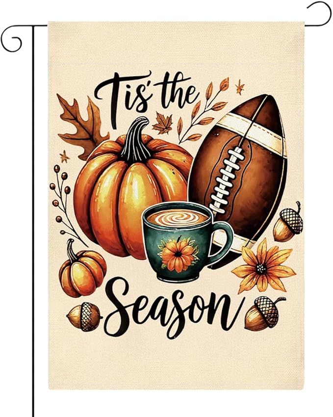Tis the Season Fall Garden Flag Autumn Football Pumpkin Garden Flag 12x18 inch Double Sided Fall Thanksgiving Flags for Yard Home Porch Lawn (Flay 1804)