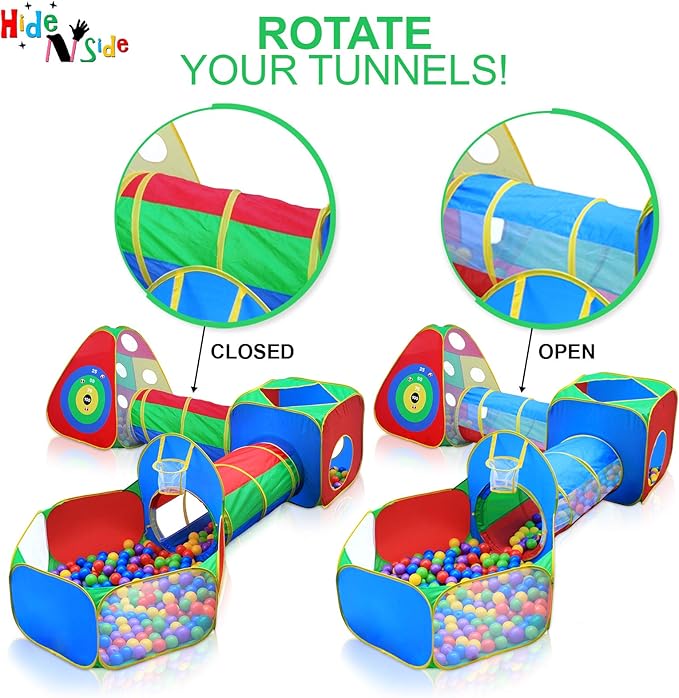 Hide N Side 5pc Kids Ball Pit Tents and Tunnels, Toddler Jungle Gym Play Tent with Play Crawl Tunnel Toy, for Boys Babies Infants Children, Indoor Outdoor Gift, Target Game w/ 4 Dart Balls