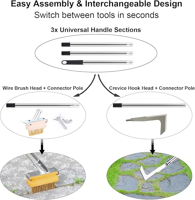 Long Handle Crack Weeder Tool Set with Adjustable 63 inch Handle, 2-in-1 Stainless Steel Crevice Weeding Tool & Brush for Weed and Moss Removal from Patios, Driveways, Sidewalk Cracks