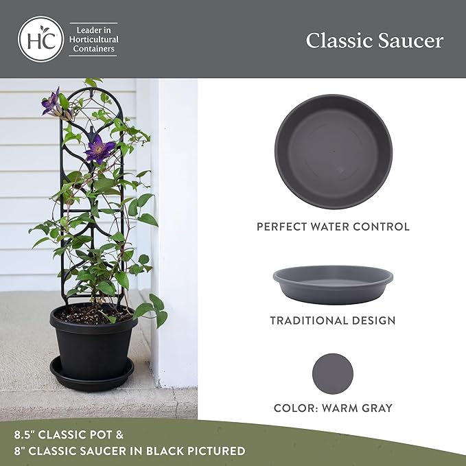 The HC Companies Flower Pot Saucers - Plastic Plant Saucer for Outdoors & Indoors - Traditional Design Plant Pot Trays for Water Drainage - Durable & Stylish Round Plant Tray (8-inch Warm Gray)