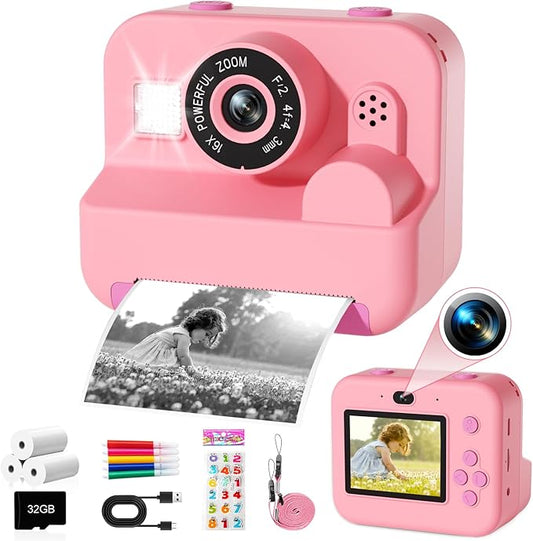 Kids Camera Instant Print - 1080P HD Video Digital Camera for Toddler with Printing Photo Paper, Portable Toy for 4 5 6 7 8 9 10 Years Old, Christmas Birthday Gifts for Boys Girls (Pink)