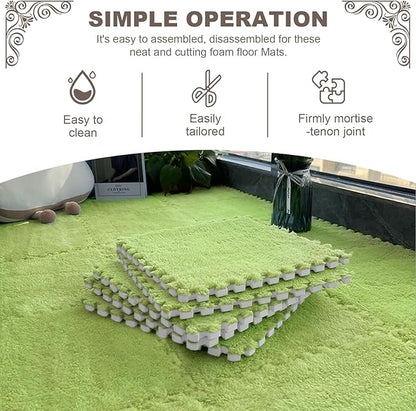 16pcs 0.6" Thickened Interlocking Tile Mats,Fluffy Shaggy Soft EVA Foam Area Rug for Living Room & Bedroom,Non-Slip Protective Floor Carpet Play Mat Kids Baby Dorm Home Decor (11.8ft, Green)
