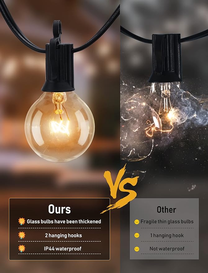 Brightown Outdoor String Lights 25FT G40 Globe Patio Lights with 27 Edison Glass Bulbs(2 Spare), Waterproof Connectable Hanging Light for Backyard Porch Balcony Party Decor, E12 Socket Base, Black