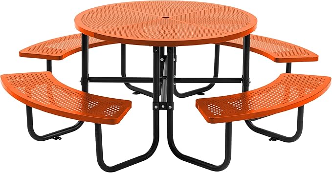 46'' Steel Round Picnic Table for Outdoors, Expanded, Lifetime Picnic Table with Umbrella Hole, Heavy Duty Sturdy Commercial Picnic Tables for Garden Courtyard BBQ, Orange