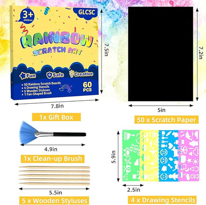 60 Pcs Scratch Art for Kids, Rainbow Scratch Paper, Black Magic Scratch Off Craft Set for 3 4 5 6 7 8 9 10 Years Old Girls and Boys Kids, Party Games Christmas Birthday Easter Gifts