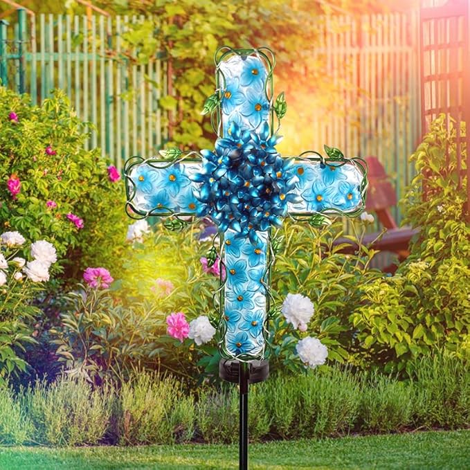 Solar Cross Garden Lights Outdoor Decorative - Solar Metal&Glass Cross Blue Hydrangea Flower Stake Lights- Waterproof 20 Warm White LED for Remembrance Gifts