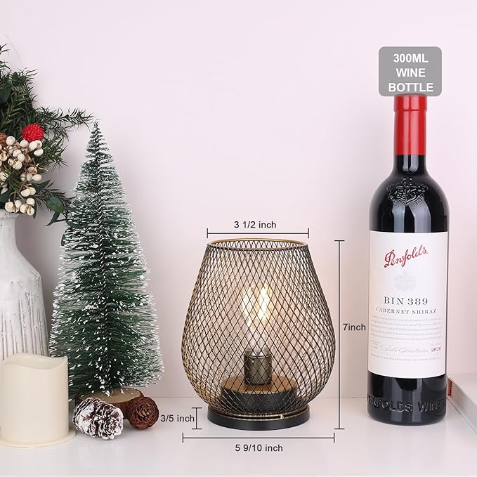 DECORKEY Set of 6 Battery Operated Lamp LED Table Lantern, Golden Metal Cage Cordless Lamps with LED Bulb, Vintage Decorative Outdoor Lantern for Weddings, Party, Patio, Events for Indoors Shelf Decor