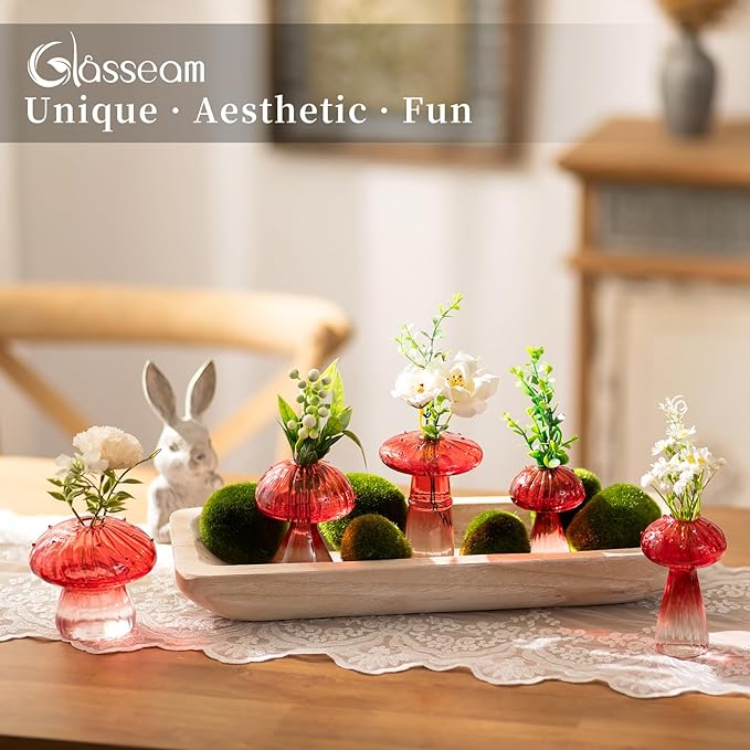 Glasseam Mushroom Plant Propagation Stations: Red Glass Terrarium Jar Set of 10 Cute Planters for Indoor Plants Mini Propagate Station Unique Christmas Birthday Gifts for Women Home Office Decor