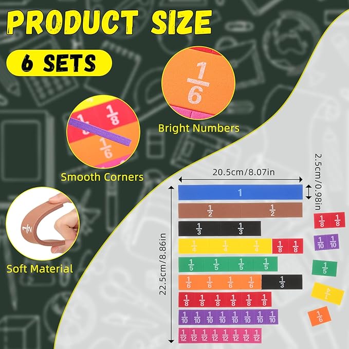 6 Sets Fraction Tiles Set for Math Classroom Fractions Manipulatives Math Manipulatives for Home School Supplies