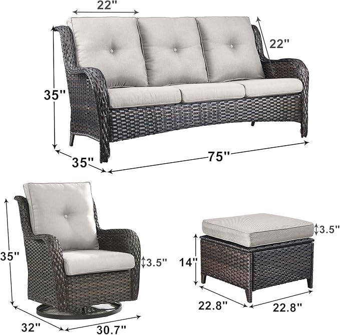 Outdoor Wicker Patio Furniture Set - 5 Piece Rattan Patio Conversation Set with 2 Rocking Swivel Chairs,2 Ottomans and 1 Sofa for Porch Deck Backyard Garden(Brown/Beige)