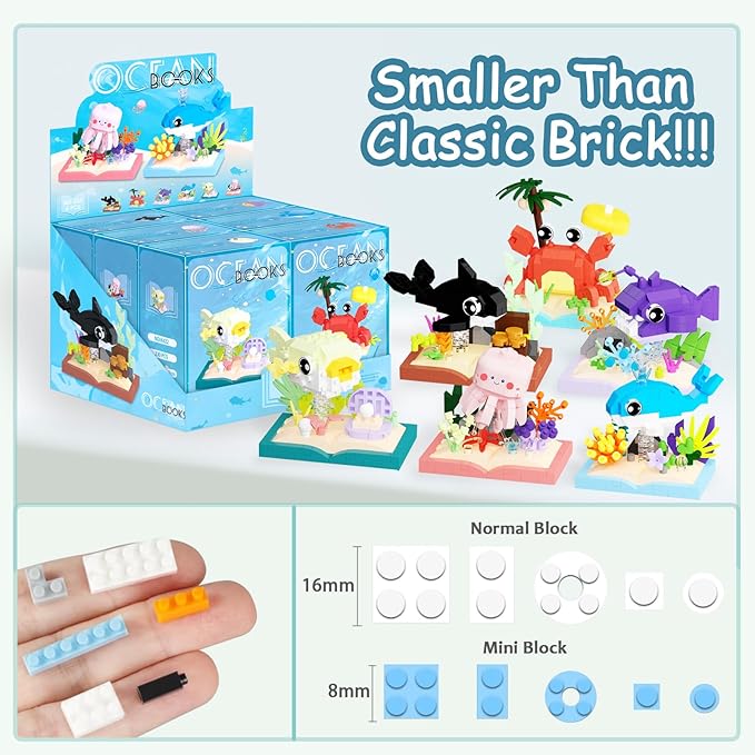 6 Packs Ocean Animals Building Blocks, Marine Life Building Set Toy, Mini Party Favors for Birthday Party Gifts，Goodie Bags Stuffers for Ages Boys Girls