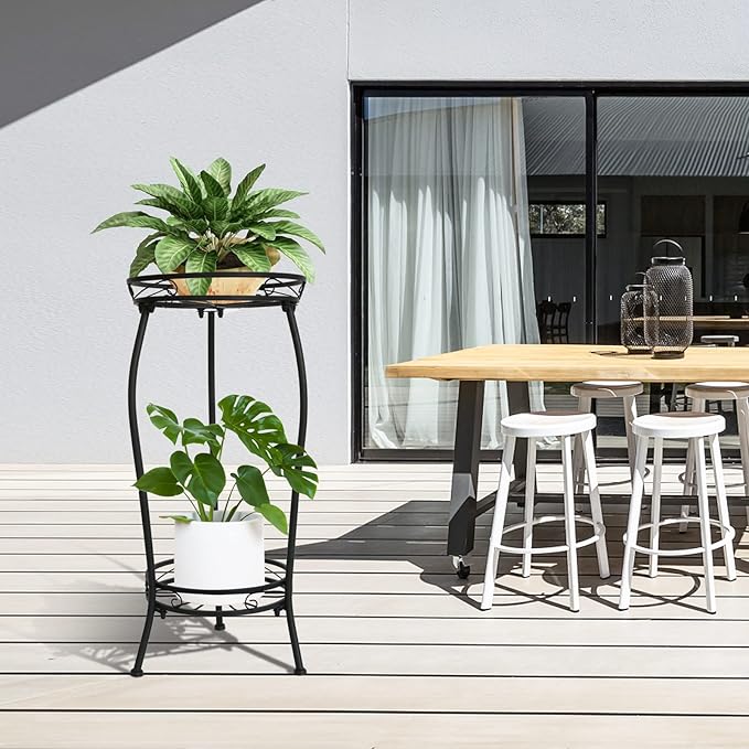 Plant Stand Indoor Outdoor,2 Tier 27inTall Metal Potted Holder Rack Flower Pot Stand Heavy Duty Plant Shelf Rustproof Iron Multiple Plant Round Supports Rack for Planter Corner Garden Balcony Patio