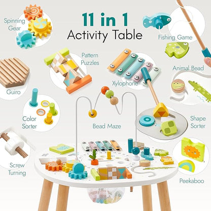 Giant bean® Wooden Activity Table for 1 Year Old, 11-in-1 Montessori Learning Table with Bead Maze, Shape Sorter, Fishing Game & More – Sensory Development Toy for Toddlers, Ideal 1st Birthday Gift