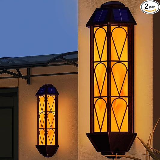 KINGLEAD Flickering Flame Solar Wall Lights Outdoor Waterproof, Light Sensor Outdoor Wall Lights with 2 Lighting Mode, Vintage Solar Wall Lights for House Garden Porch Backyard Patio, 2 Pack
