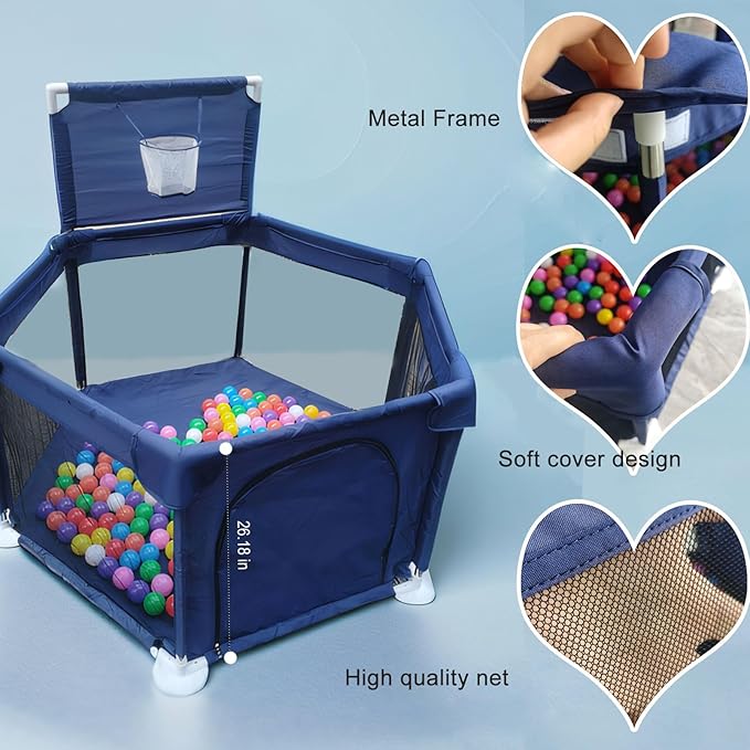 Portable Baby Ball Pit Playpen Playard Fence Playtent with Basketball Hoop Breathable Mesh for Indoors Outdoors Toddler Kids Large Blue 6-Panel