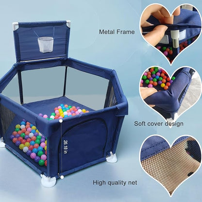 Portable Baby Ball Pit Playpen Playard Fence Playtent with Basketball Hoop Breathable Mesh for Indoors Outdoors Toddler Kids Large Blue 6-Panel