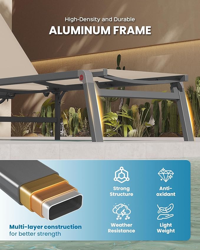 Chaise Lounge Outdoor, Foldable Aluminum Pool Lounge Chairs with 5 Positions Recliner - Free Assembly - Patio Chaise Lounge Chair for Poolside, Beach, Yard (Khaki)