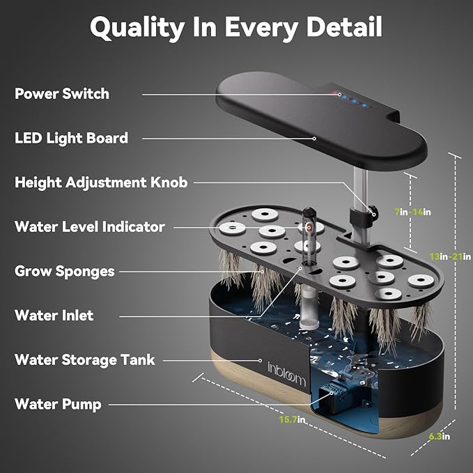 inbloom Hydroponics Growing System 12 Pods, Indoor Herb Garden with LEDs Full-Spectrum Plant Grow Light, Water Shortage Alarm, Automatic Timer, Height Adjustable, Ideal Gardening Gifts for Women