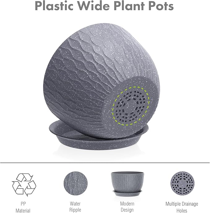 Large Flower Pots 12/10/9 inch, 3 Set Big Plant Pots for Outdoor Indoor Plants with Water Ripples, Wide Plastic Planters with Drainage Holes and Saucers for Garden House Plants, Speckled Grey