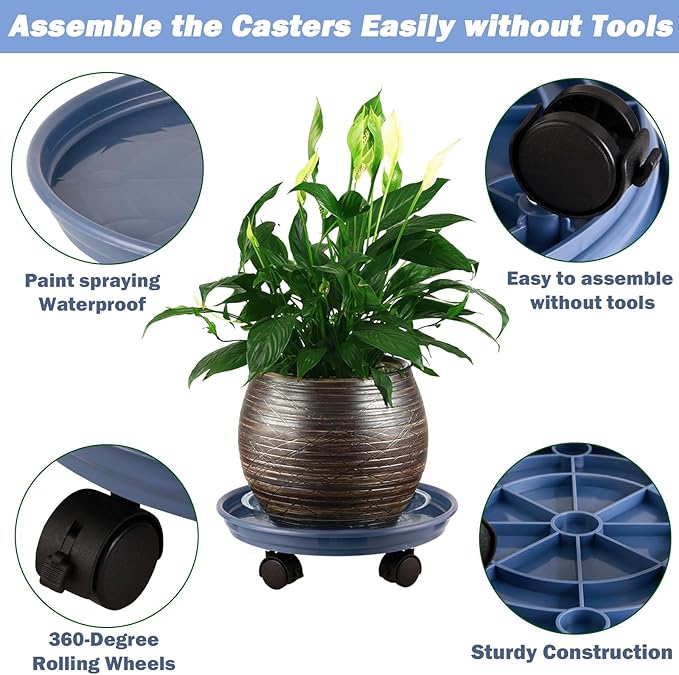 8 Packs Plastic Plant Caddy with Wheels 12" Plastic Rolling Plant Stands Heavy-Duty Plant Dolly with Casters Indoor and Outdoor Plant Roller Base Wheels, Blue