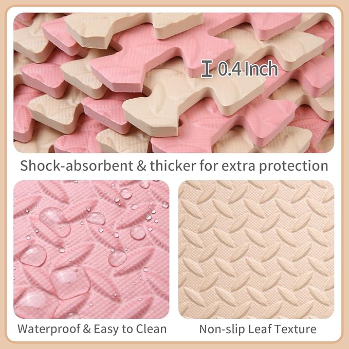 36 Tiles Foam Play Mat for Baby, 0.4 Inch Thick Foam Interlocking Floor Mats, Soft Non-Toxic Baby Playmat, Solid Colored Puzzle Play Mat Kids Floor Mats for Toddler(Beige/Loli Pink)