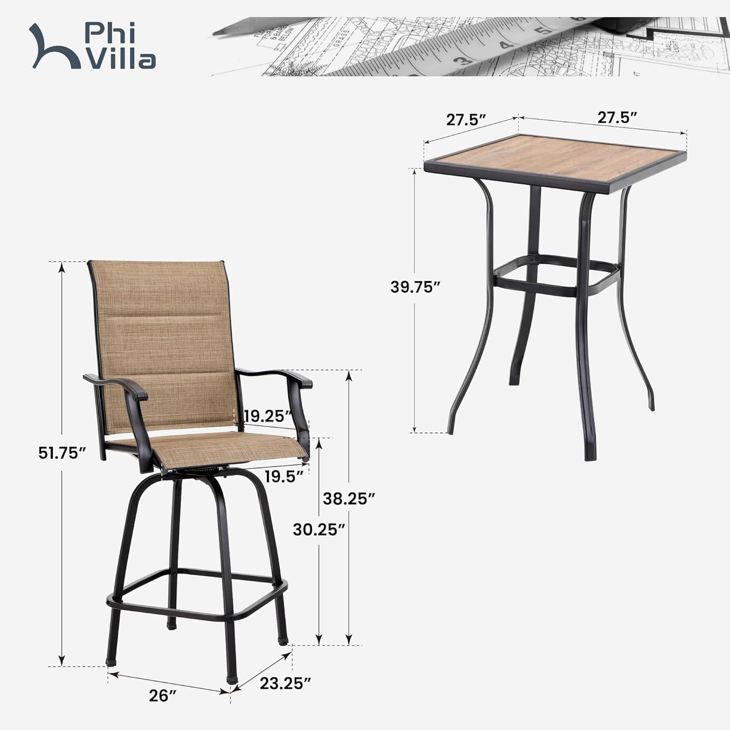 PHI VILLA 3 Piece Outdoor Swivel Bar Stools Set, Bar Height Patio Set with 2 Padded Textilene Fabric Chairs, All-Weather High Top Patio Bistro Table and Chairs Furniture, Brown