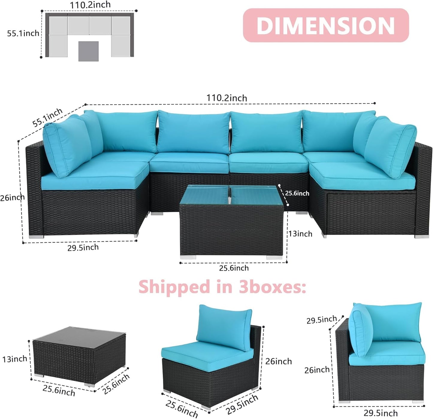7-Piece Patio Furniture Set - Outdoor Sectional Sofa Set with Cushions and Glass-Top Coffee Table for Gardens, Poolside, Backyards and Porches, Black/Blue