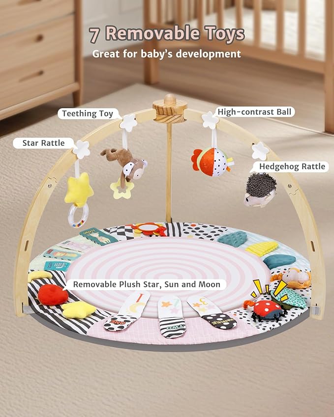 Baby Play Mat Activity Gym,6 Developmental Zones Tummy Time Mat, Wooden Baby Play Gym with 7 Detachable Sensory Toys for Newborn Brain Development, Essential Baby Shower Set, Pink