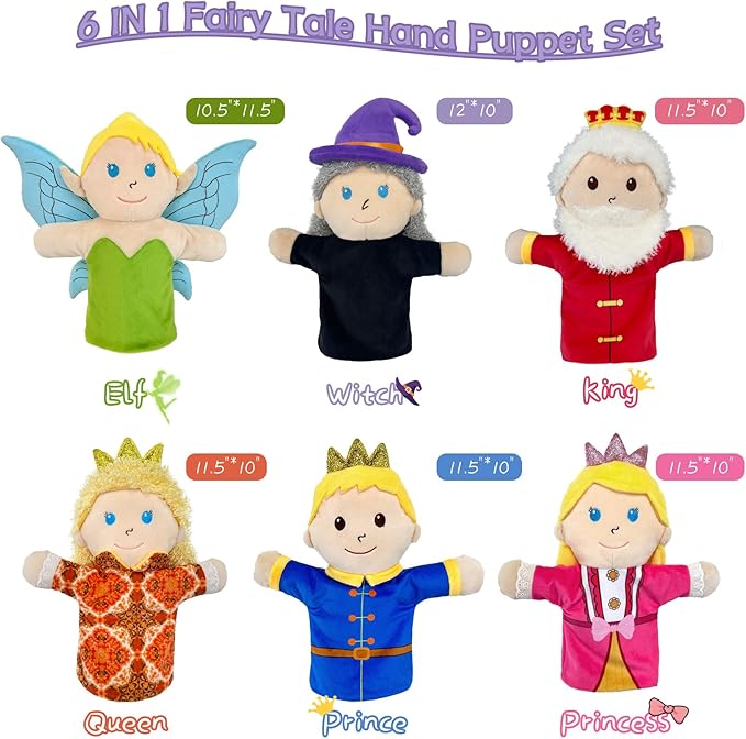 6 PCS Puppet Set 12 Inch, Fairy Tale Members Elf Plush Puppets Toddlers 1-3 Princess Hand Puppet for Kids Ages 4-8,Soft Puppets for Storytelling Teaching Preschool Role Play Puppet Toy for Boy Girls