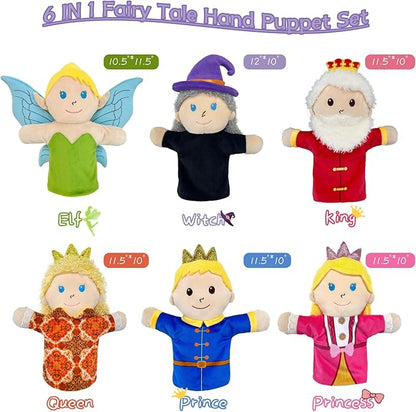 6 PCS Puppet Set 12 Inch, Fairy Tale Members Elf Plush Puppets Toddlers 1-3 Princess Hand Puppet for Kids Ages 4-8,Soft Puppets for Storytelling Teaching Preschool Role Play Puppet Toy for Boy Girls