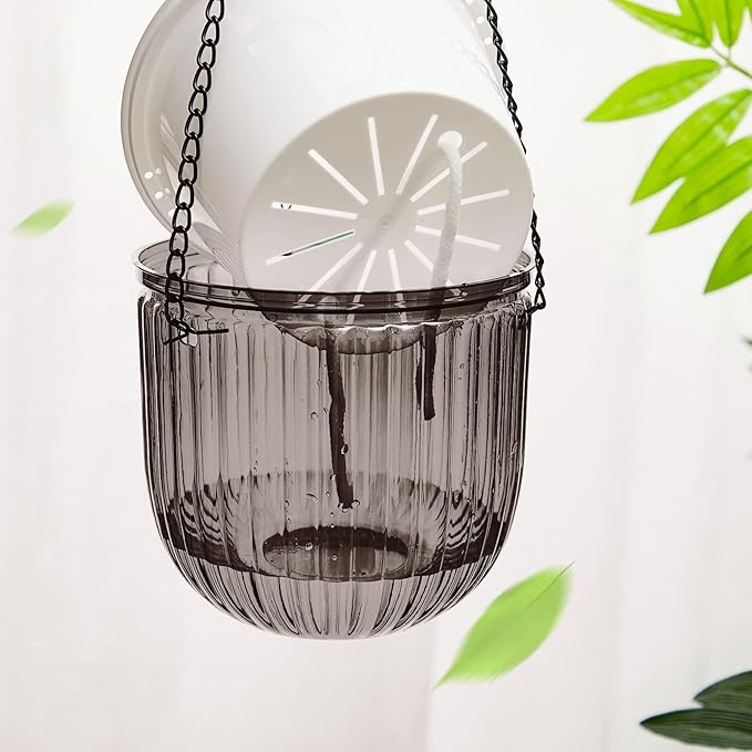 Meanplan 4 Pcs Self Watering Hanging Planter Indoor 6.5 Inch Hanging Baskets for Plants Outdoor Plastic Flower Pot with 3 Hooks Chains Drainage Holes for Garden Home, Medium Size(Gray)