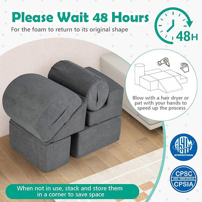 Costzon Toddler Climbing Toys Indoor, 6 Pieces Foam Climbing Blocks for Baby Inside with Skin-Friendly Chenille Fabric, 30D High-Density Foam & Carrying Handles, Soft Play Climbing for Toddlers (Gray)