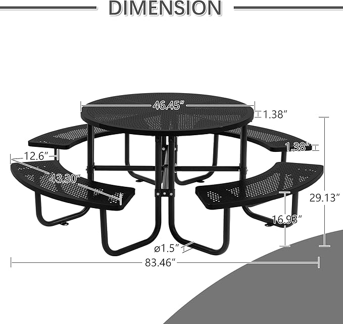 46'' Steel Round Picnic Table for Outdoors, Expanded, Lifetime Picnic Table with Umbrella Hole, Heavy Duty Sturdy Commercial Picnic Tables for Garden Courtyard BBQ, Black