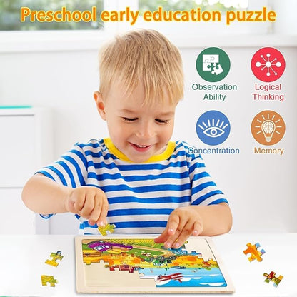 Christmas Wooden Puzzles for Kids Ages 4-6,6 Pack 60Pcs Jigsaw Wooden Car Truck Puzzles for Toddlers 3-5,Preschool Educational Brain Toys Gifts for Boys and Girls 2 4 3 5 Year Old（Vehicle）